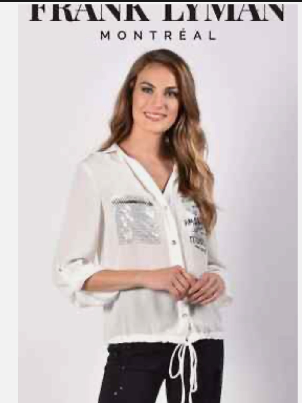 Frank Lyman Montreal 216126 off-white button-down sequin pocket top SP
